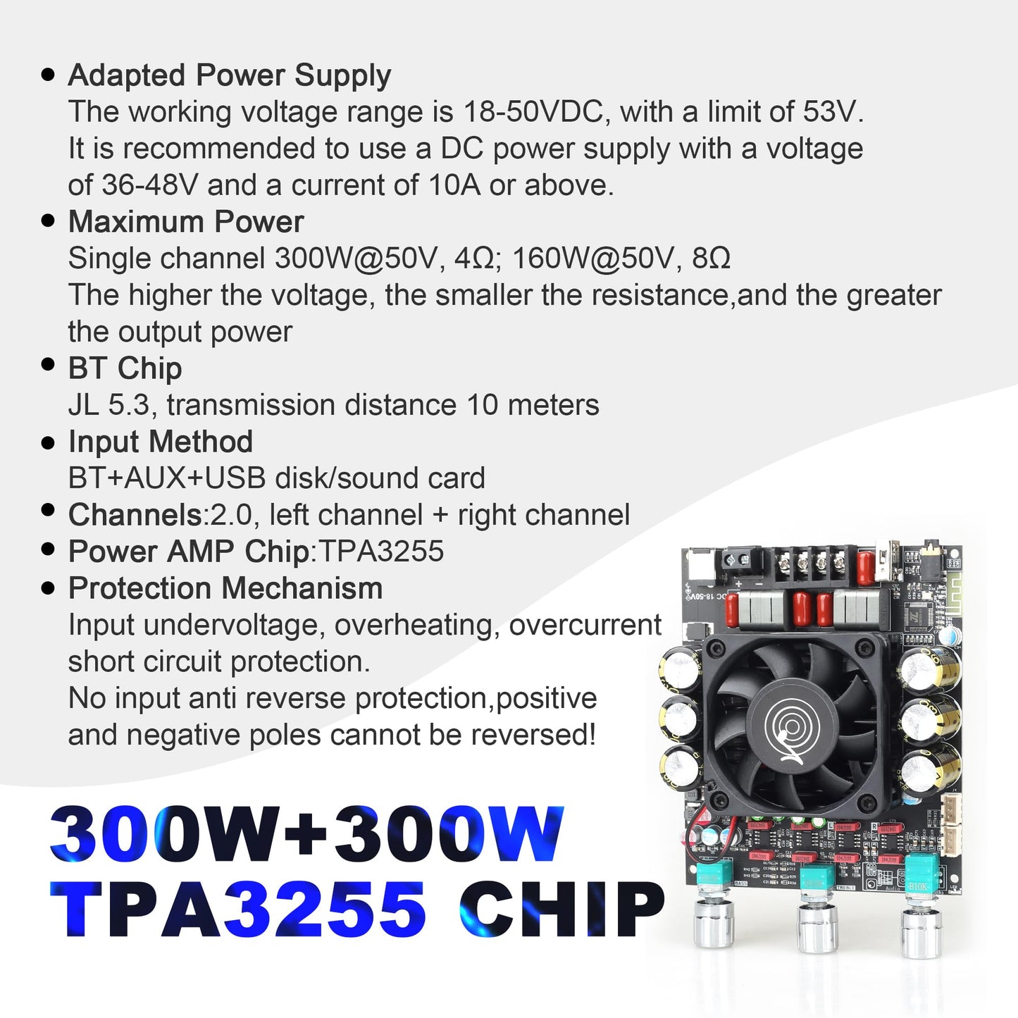 ZK-3002T 300W+300W Bluetooth Digital Amplifier Board TPA3255 Chip 2.0 Channel with Bluetooth/3.5mm AUX Input/USB Input,with Treble and Bass Adjustment
