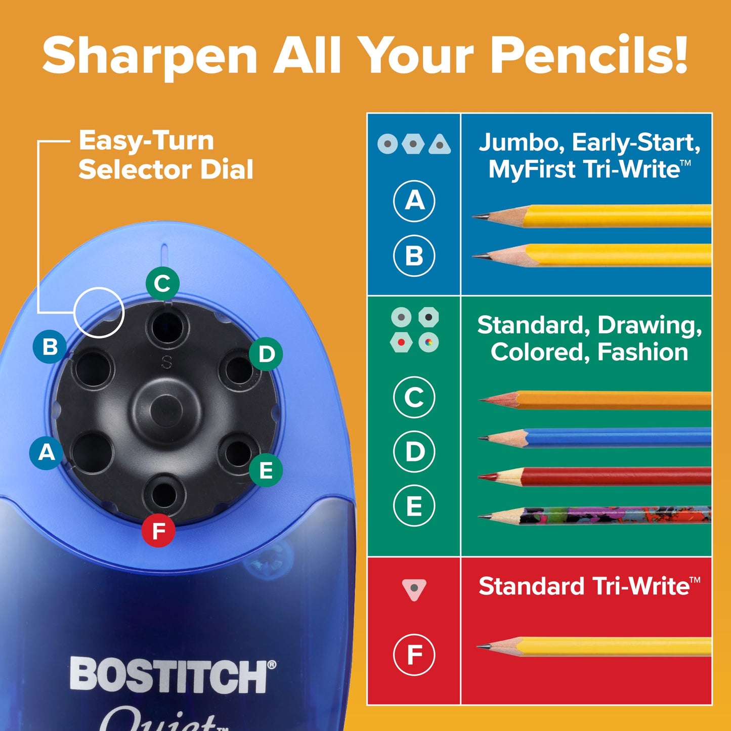 Bostitch Office QuietSharp Electric Pencil Sharpener, Heavy Duty Classroom or Office Use, with 6 Size Options, Blue
