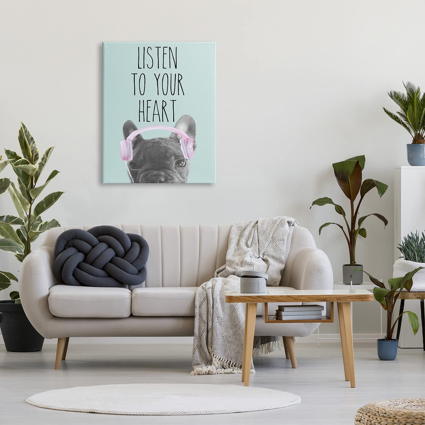 Stupell Industries Listen to Your Heart Phrase Headphones French Bulldog, Design by Sd Graphics Studio Canvas Wall Art, 30 x 40, Blue