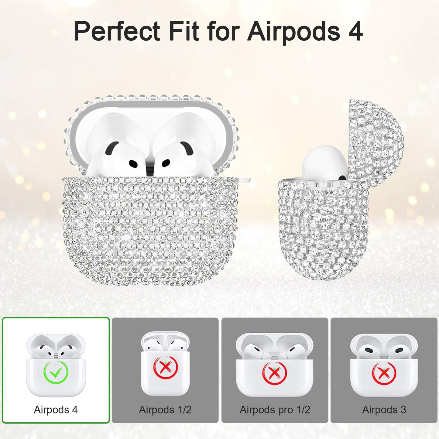 Bling Case Compatible with AirPods 4th Generation (2024), Sparkling Diamond Case for AirPods 4 Case Bling Rhinestones for Women, Shockproof Protective