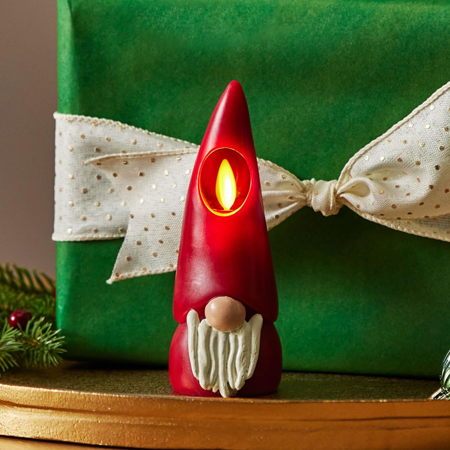 Luminara Gnome Figural Flameless LED Candle - Green 2.2" x 6" - Battery Operated Christmas Winter Decoration Real Wax Unscented Home Decor Indoor