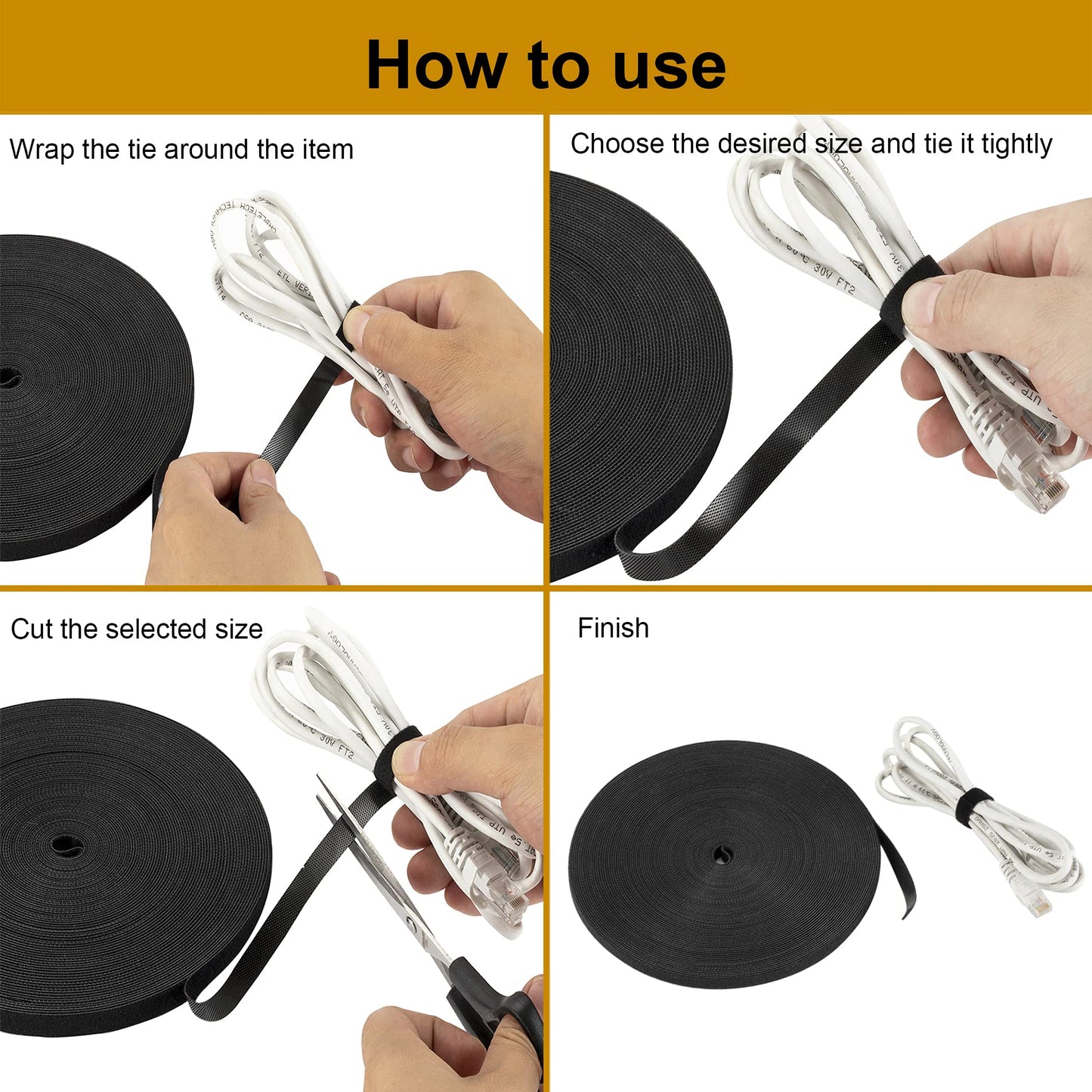 XINYIBO 1/2 inch Reusable Fastening Tape Cable Ties Double-Sided Hook-and-Loop Cable Management Tape (Black 25 Yards)