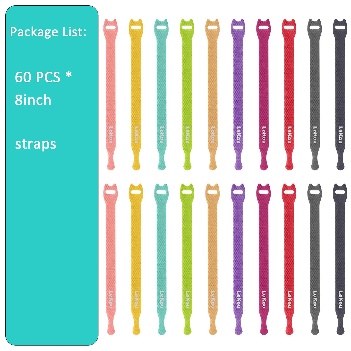 Lekou Cable Ties, 60 PCS 8 Inch Fastening Cable Straps, Reusable Hook and Loop Straps Wire Management, Cord Organizer Ties for Home Desk Office
