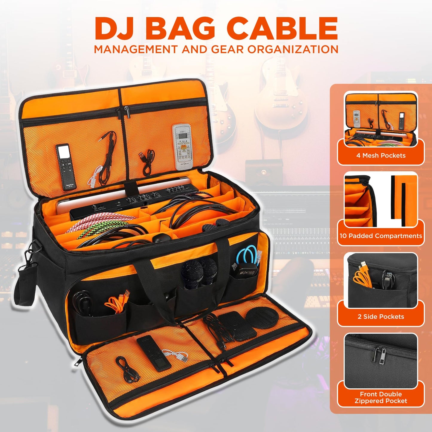 Talrizio Cable Bag Organizer & DJ Bag for Musicians: Heavy Duty Gig Bag with 17" Laptop Sleeve, Dividers for DJ Accessories, Gear & Cable Storage for