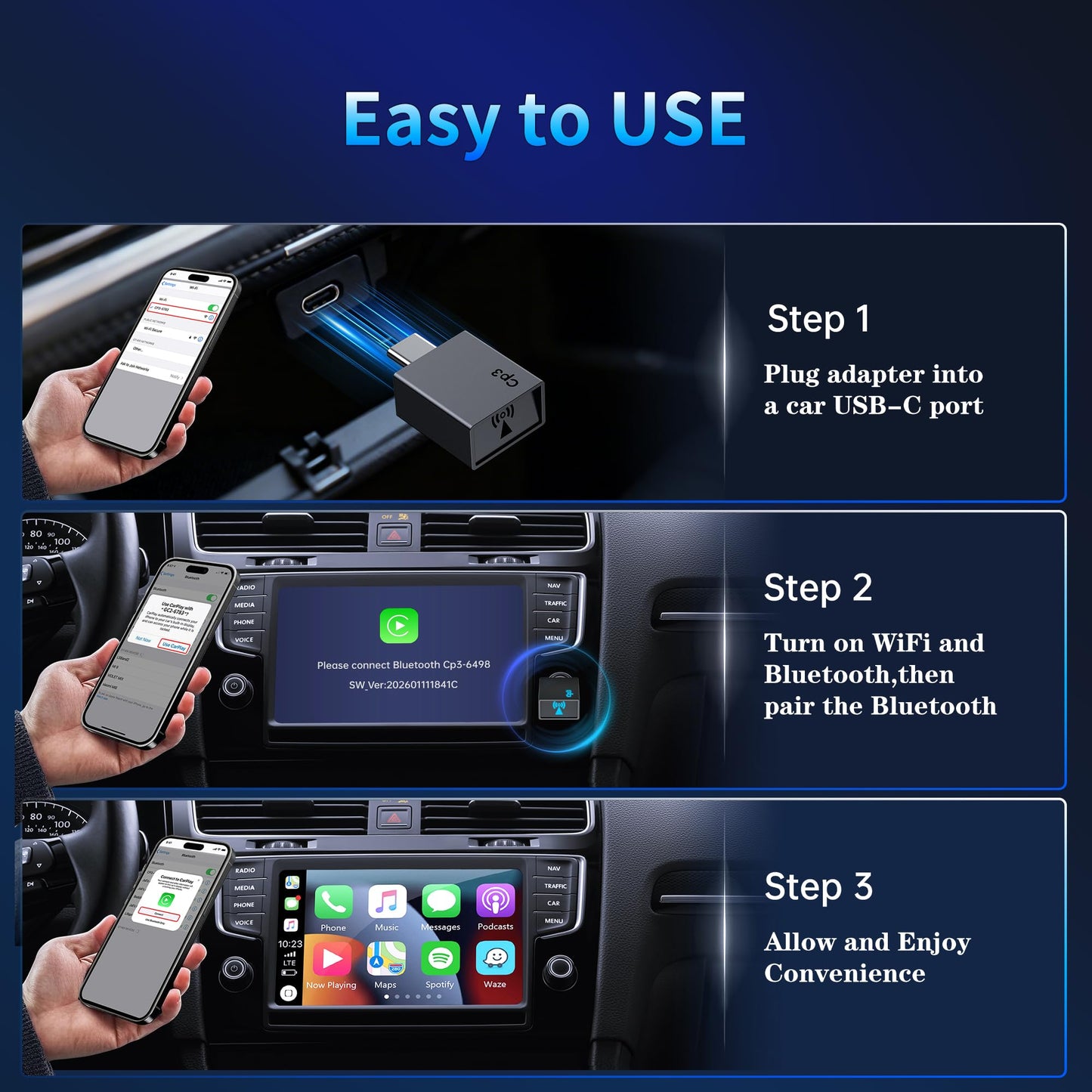 CNDPSTE Wireless CarPlay Adapter for iPhone 2026 Upgrade - Stable Connection Convert Wired to Wireless Compatible with Cars 2018+, iOS 10+ (USB-C)