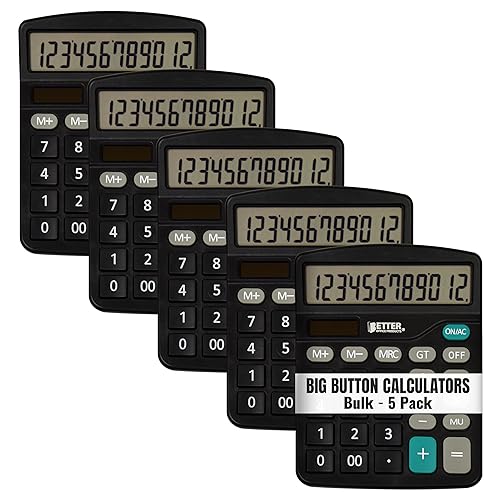 Better Office Products Large Desktop Calculators, 5 Pack, 12-Digit LCD Display, Angled Display Panel, Standard Function, Black, Dual Power