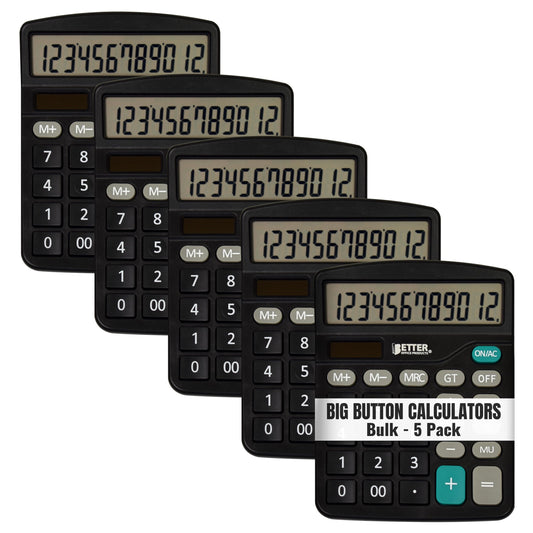 Better Office Products Large Desktop Calculators, 5 Pack, 12-Digit LCD Display, Angled Display Panel, Standard Function, Black, Dual Power