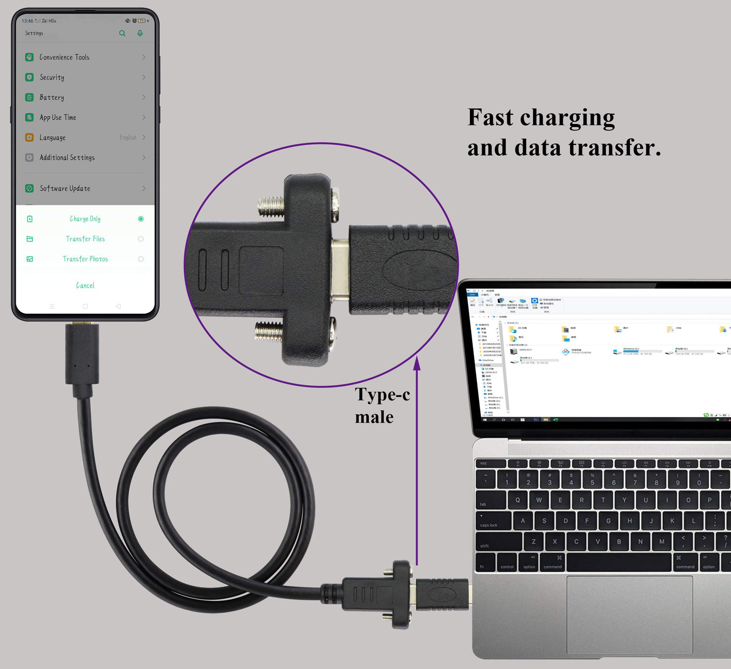 AAOTOKK Panel Mount Type C USB Extension Cable 4K&60hz 10Gbps USB 3.1Type C Male to Female Screw Panel Mount Cable,Supports Fast Charging,4K HD