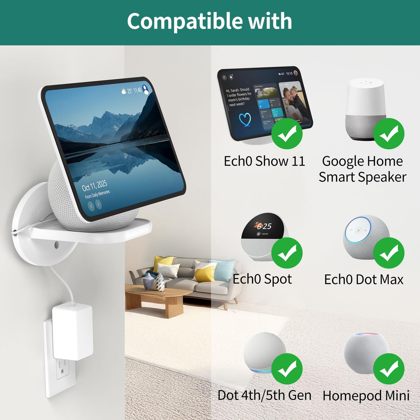 HomeMount Wall Mount for Echo Show11 and Echo Spot - Space Saving Smart Home Wall Stand Holder Shelf Compatible with Echo Show11/Echo Spot/Homepod