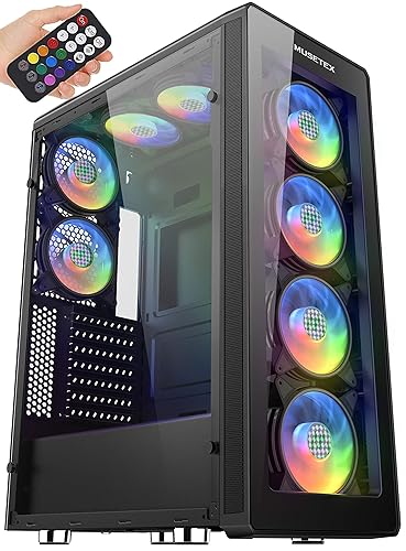 MUSETEX 8 PCS ARGB Fans ATX Mid-Tower Case with 2 × USB 3.0, Computer PC Gaming Case with Remote Control, Tempered Glass Cooling System/Airflow/Cable