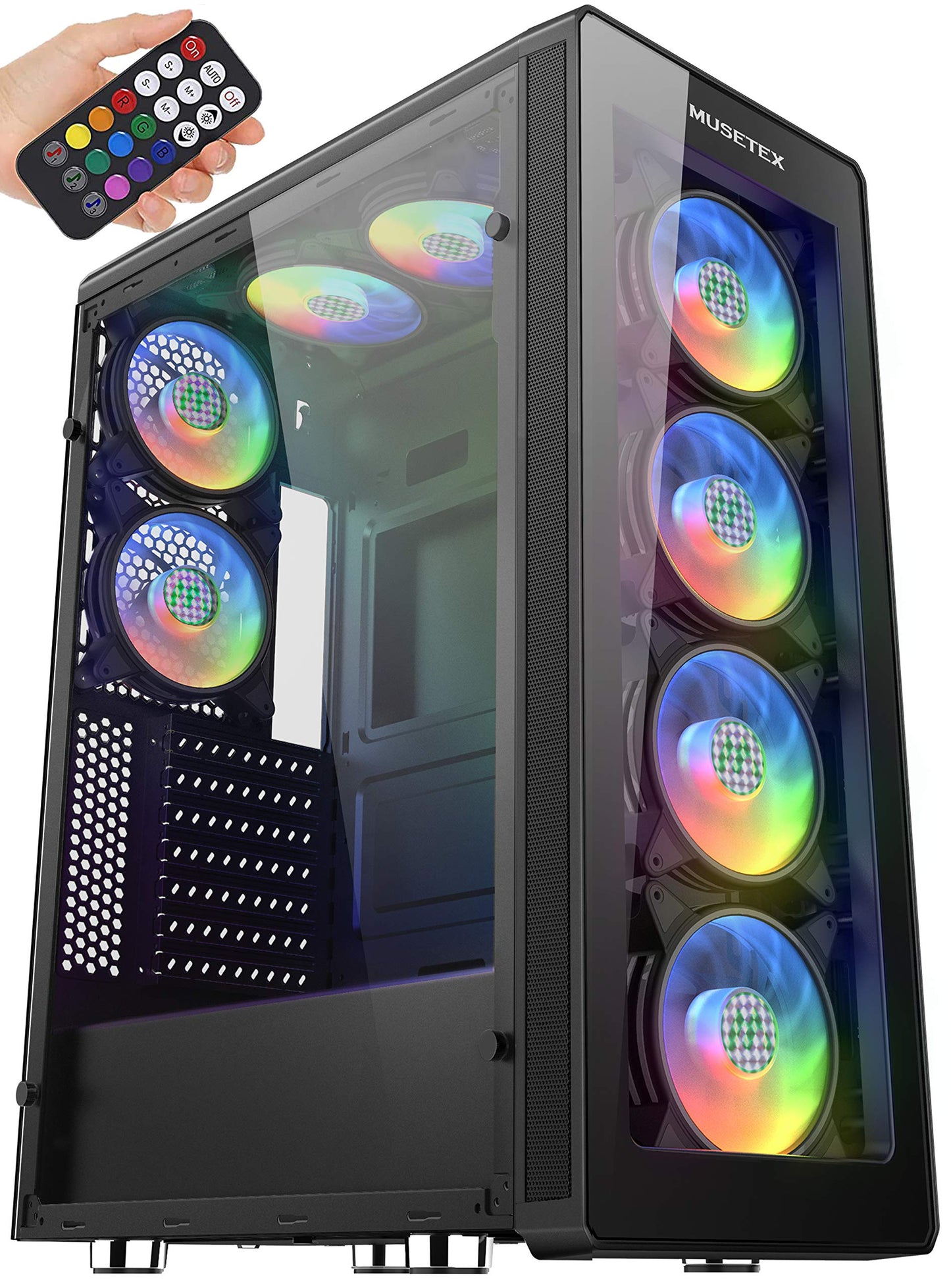 MUSETEX 8 PCS ARGB Fans ATX Mid-Tower Case with 2 × USB 3.0, Computer PC Gaming Case with Remote Control, Tempered Glass Cooling System/Airflow/Cable