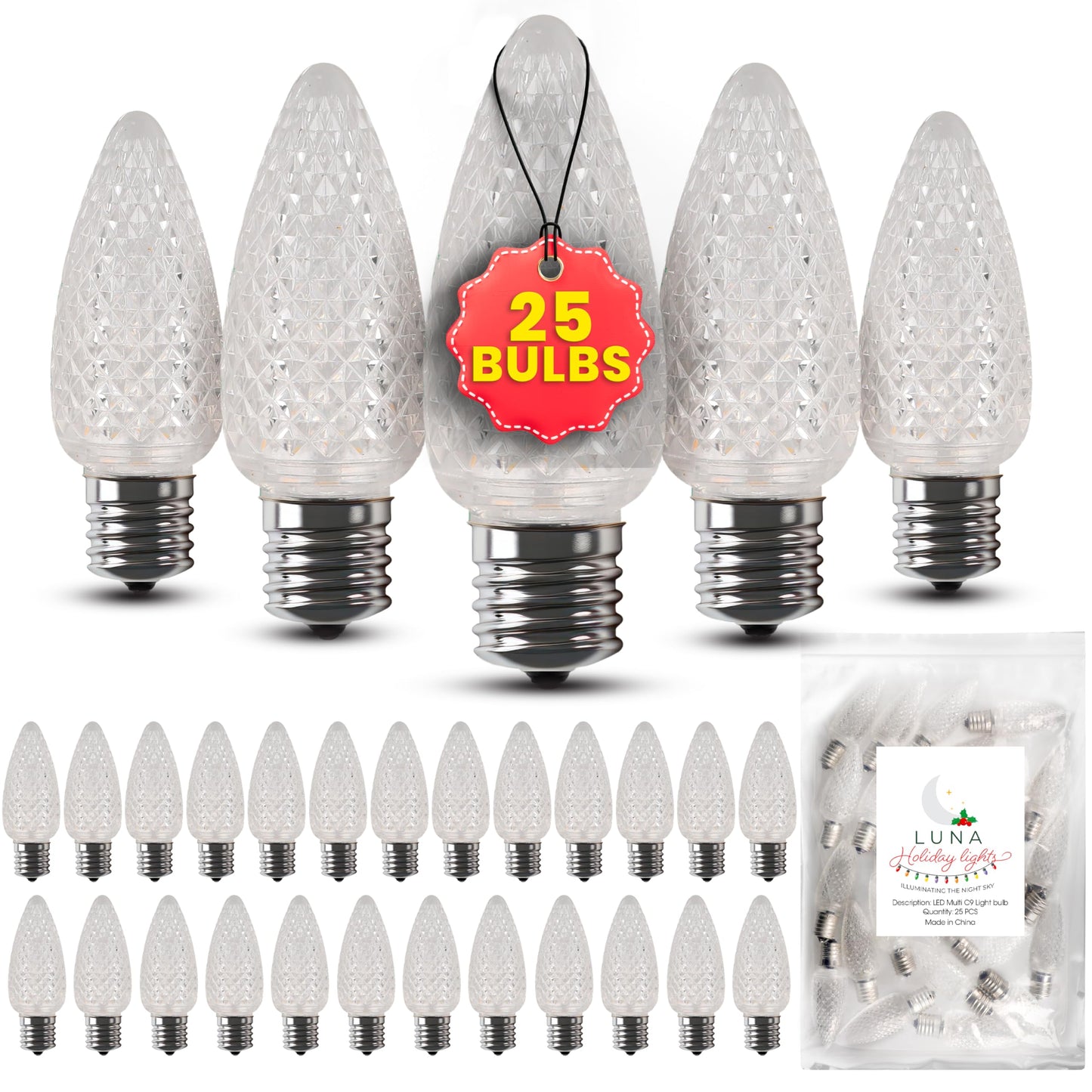 C9 0.68W Warm White LED Bulbs Christmas Lights, E17 Base (25 Pack)