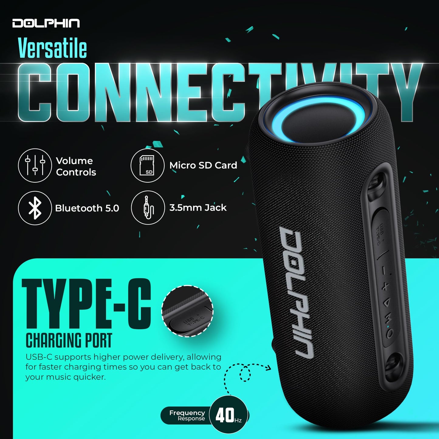 Dolphin Waterproof Bluetooth Speaker, 26W Loud with Bass Portable Boombox, Water Resistant IPX5, Long-Lasting Battery