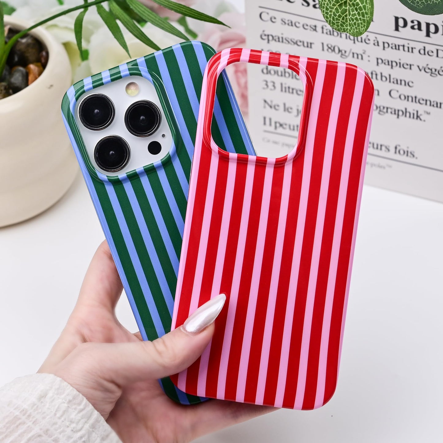SleekCover Cute Striped Case for iPhone 15 Pro Max 6.7",Green