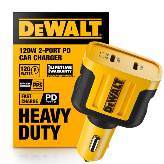 DEWALT Heavy Duty USB C Car Charger, 120W 2-Port PD 3.0 Type C Adapter, PPS Fast Charging w/Power Delivery for iPhone 17 16 15 14 13 Pro Max Mini