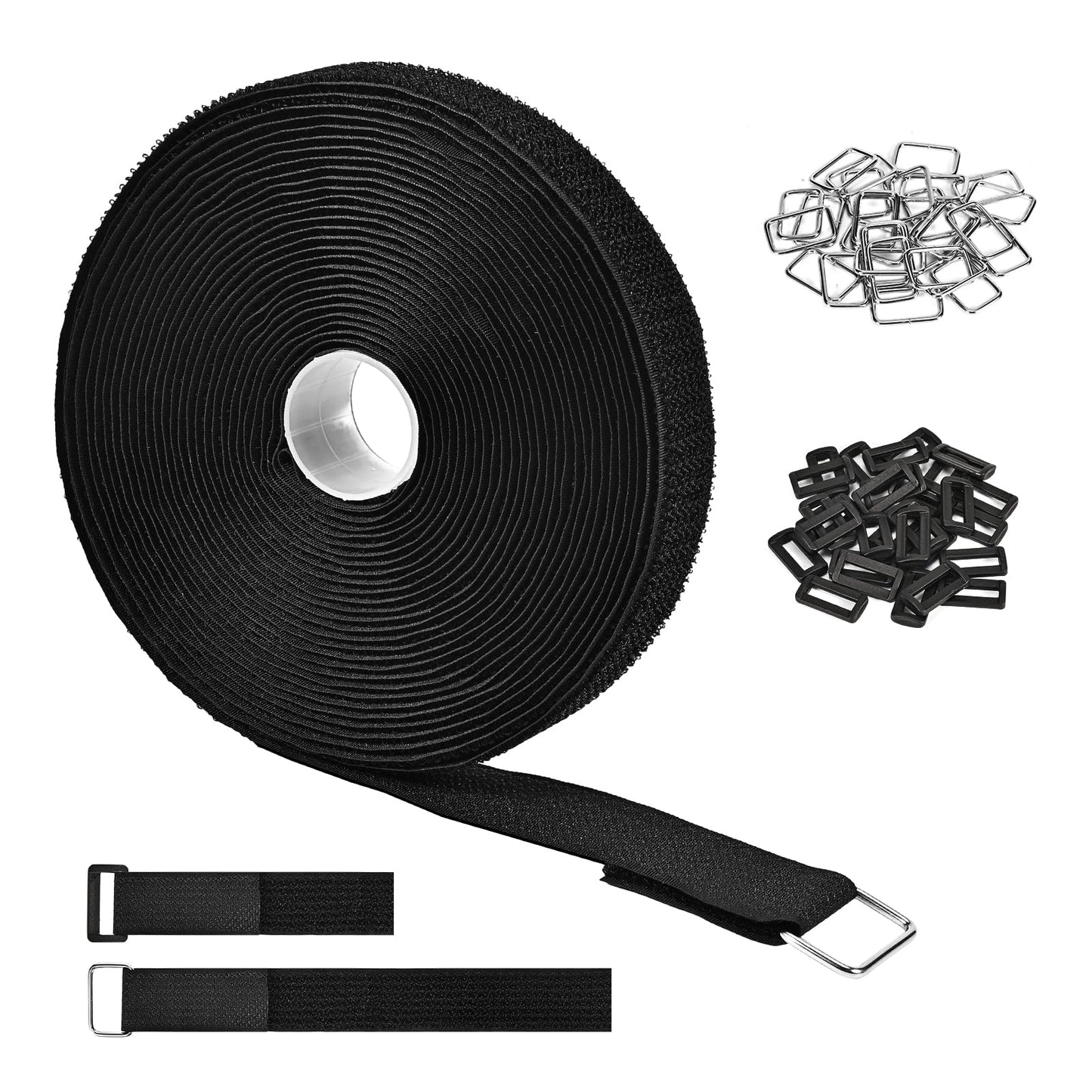 TPSUIPA 1" x 39ft Nylon Hook and Loop Straps Roll with 30 Metal & 30 Plastic Buckles, Adjustable Reusable Cut-to-Length Ties for Home Office Garage