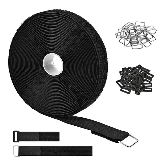 TPSUIPA 1" x 39ft Nylon Hook and Loop Straps Roll with 30 Metal & 30 Plastic Buckles, Adjustable Reusable Cut-to-Length Ties for Home Office Garage