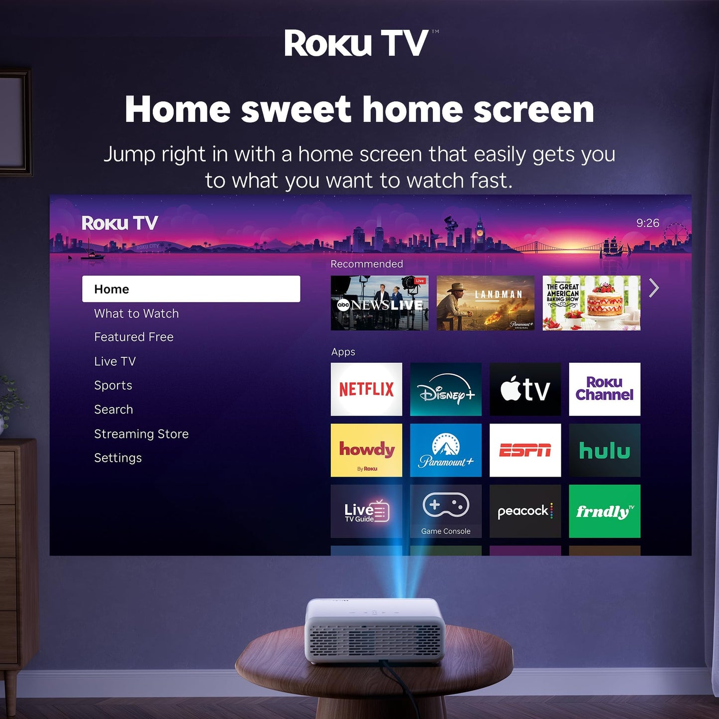 Aurzen Roku TV Smart Projector with Wifi and Bluetooth, Roku Streaming Experience Built-in, 1080P FHD, DoIby Audio, Auto Focus & Keystone, Zoom, Movie