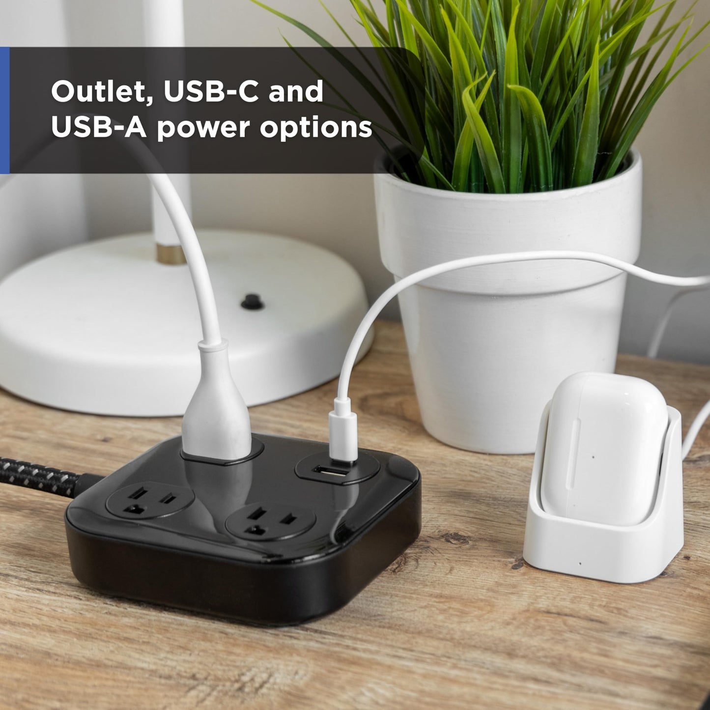 GE UltraPro 3-Outlet Surge Protector with USB, 245 Joules, 1 USB-A & 1 USB-C Port, 4ft Braided Extension Cord, Flat Plug, Adapter-Spaced Outlets, ETL