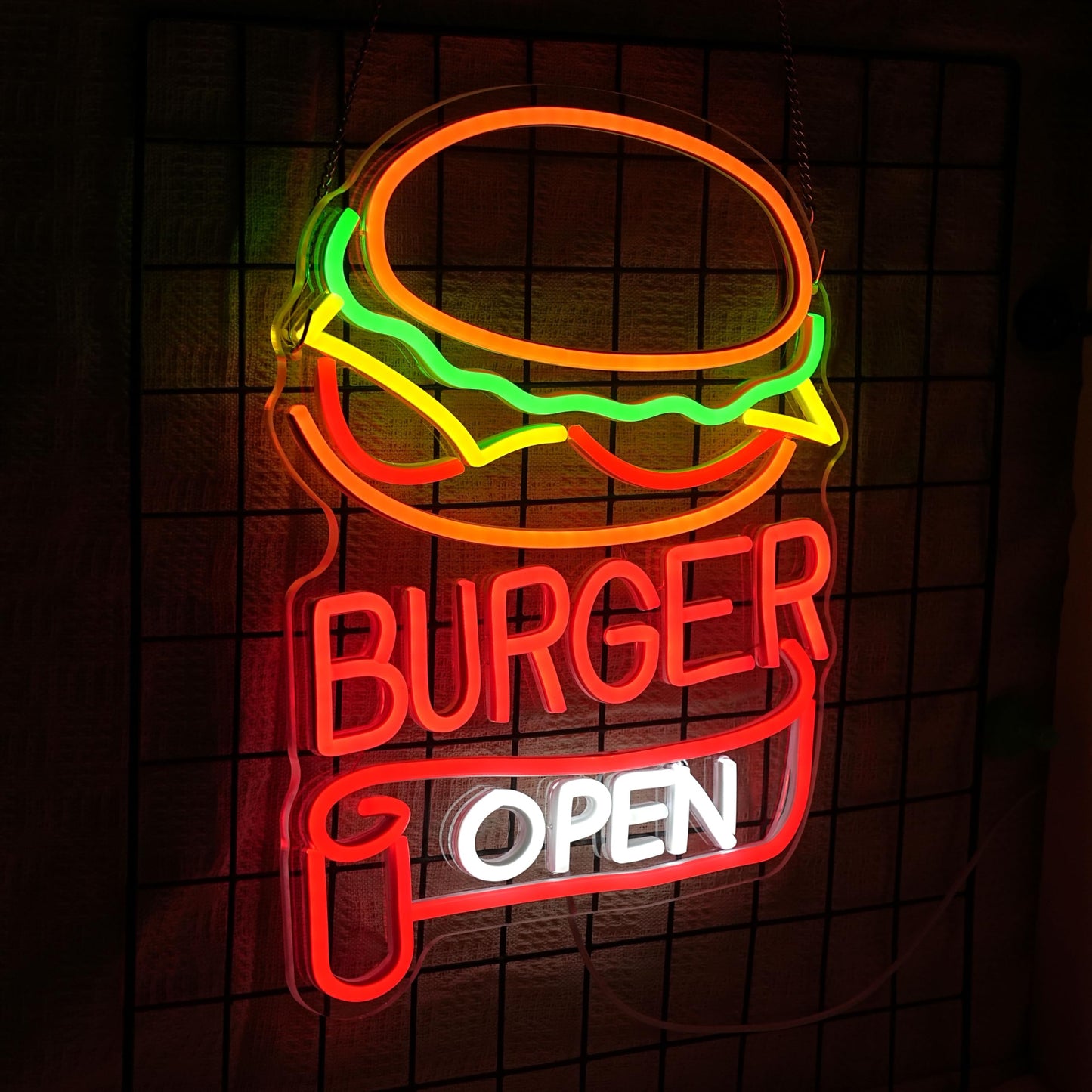 BNEMCEZH Burger Open Neon Sign Dimmable Delicious Hamburger LED Light Sign for Wall Decor USB Powered Business Fast Food Open Light up Sign