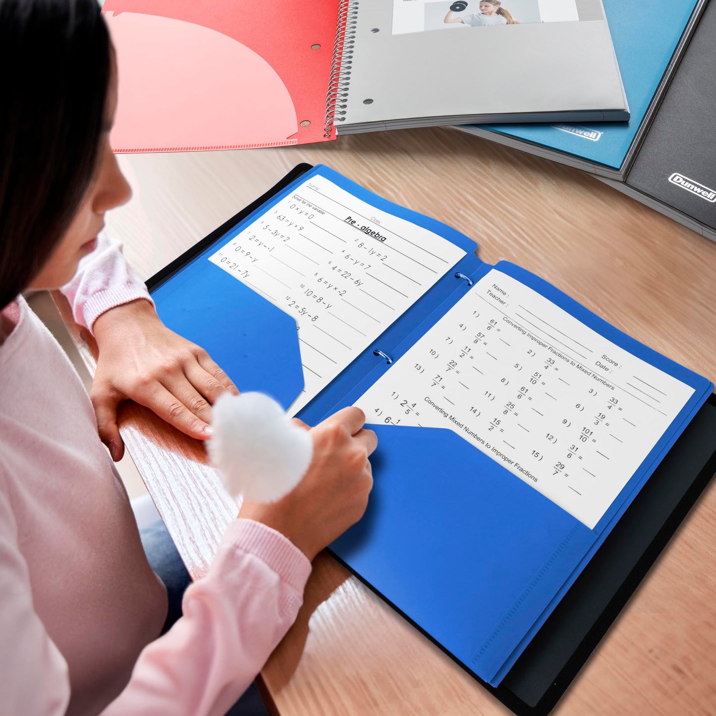 Dunwell Plastic 2-Pocket Folders for 3-Ring Binders, (3 Pack, Blue) 3 Hole Punched, Divider Folder for Notebooks, Durable Poly, Fits 8.5x11 Sheets