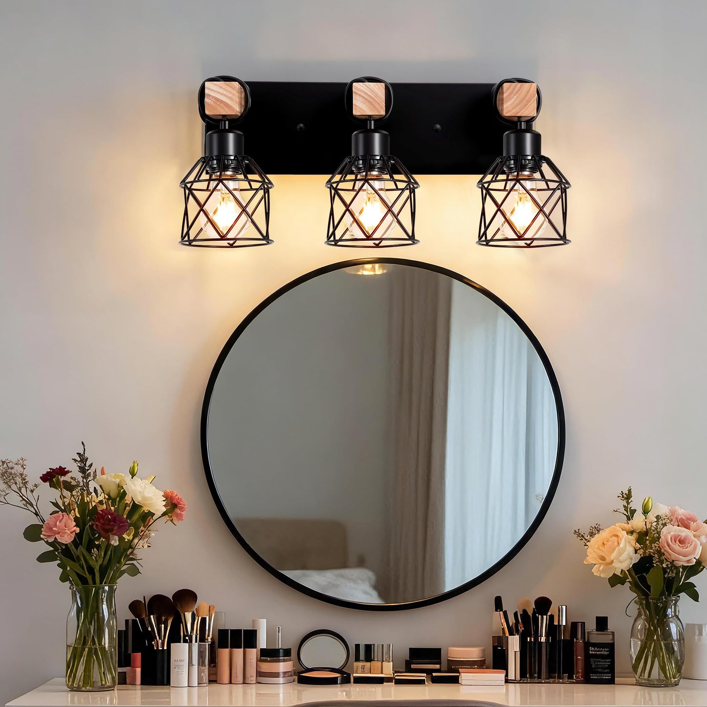 3-Light Farmhouse Bathroom Vanity Light Fixture Over Mirror, Rustic Wood & Black Metal Cage Bathroom Wall Light, E26 Vanity Lighting for Bathroom