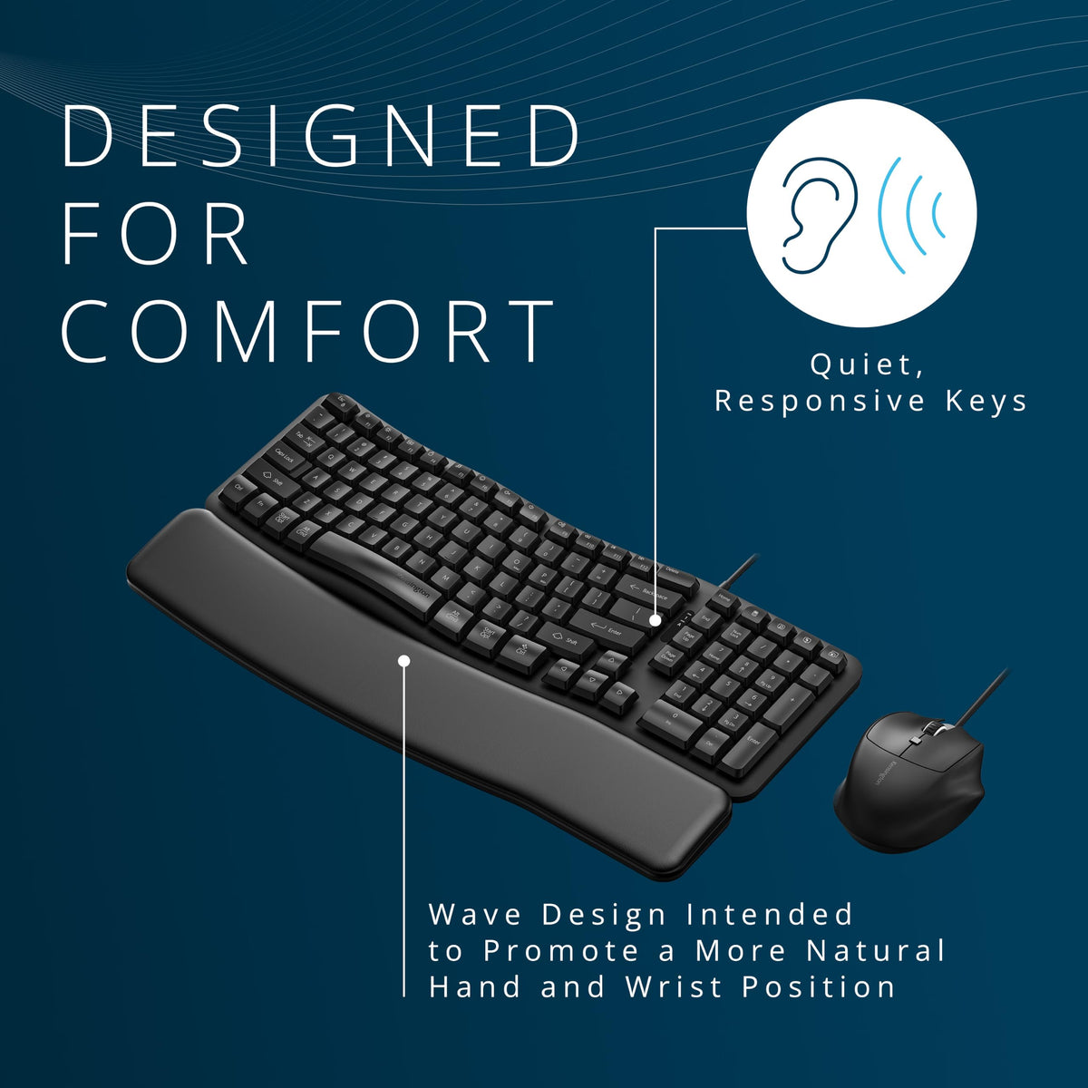 Kensington Pro Fit Ergo KM620-W Wired EQ Keyboard and Mouse, QWERTY Keyboard, Ergonomic Wave Design, USB-C/USB-A Connection, Programmable Keys, 1800