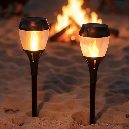 FoxFlame Solar Path Lights Outdoor Waterproof-Realistic Flickering LED Flame,IP65 Pathway Lights Solar Powered Warm Light for Garden