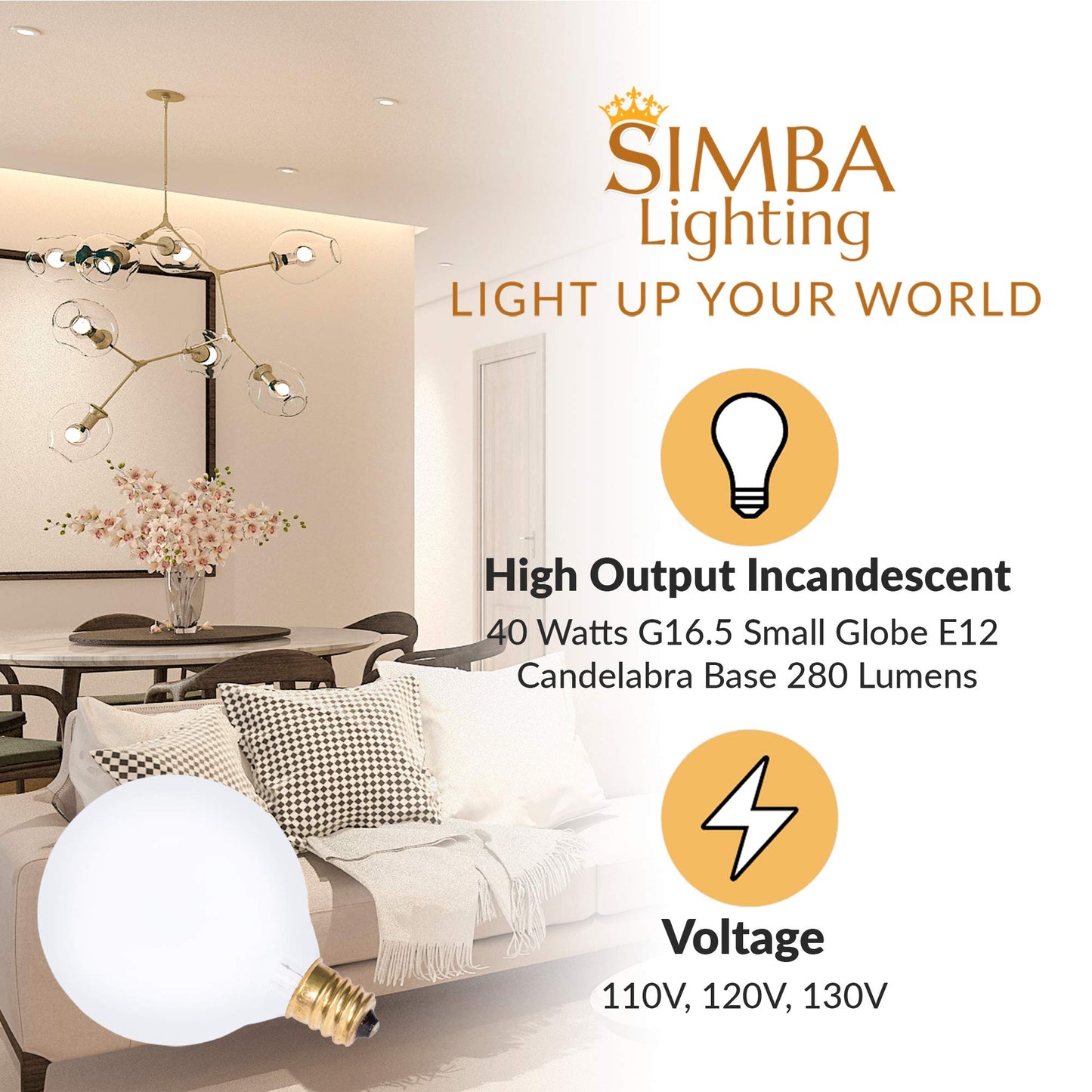Simba Lighting Small Globe G16.5 40W E12 Frosted Glass 120V, 2700K, 10 Pack