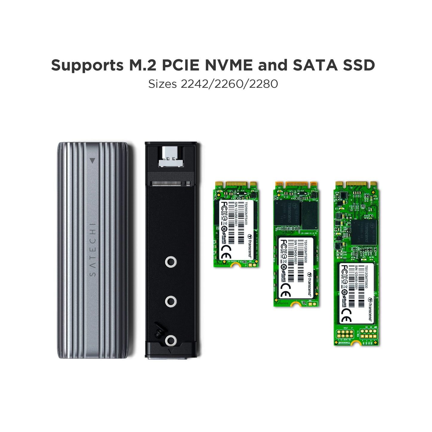 Satechi USB-C Aluminum Tool-Free Enclosure for M.2 PCIE NVME and SATA SSD, Support USB 3.2 Gen 2, 10 Gbps, M.2 NVMe/SATA PCIe B+M Key, up to 4TB, UASP