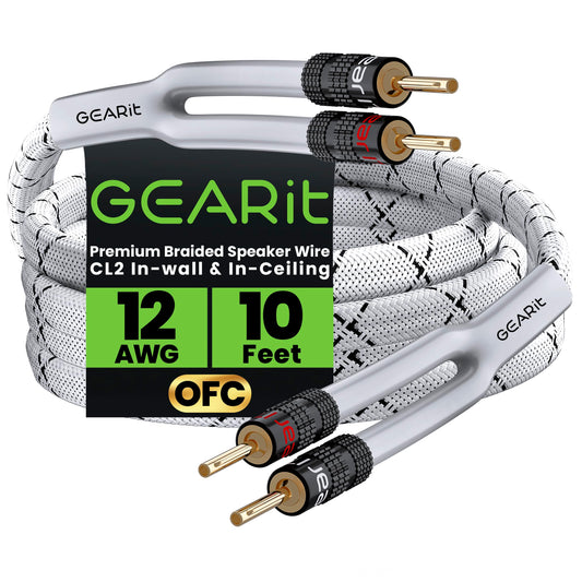 GearIT 12AWG Premium Heavy Duty Braided Speaker Wire Cable (10 Feet) Dual Gold Plated Banana Plug Tips - in-Wall CL2 - Oxygen-Free Copper (OFC) White