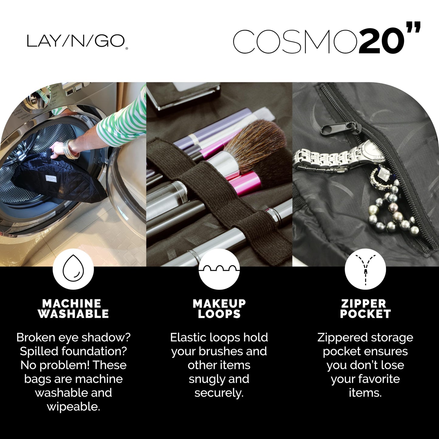 Lay-n-Go Cosmo 20" Drawstring Makeup Bag – Portable Cosmetic Organizer with Zipper Pocket & Loops, Washable Travel Toiletry Bag (Black)