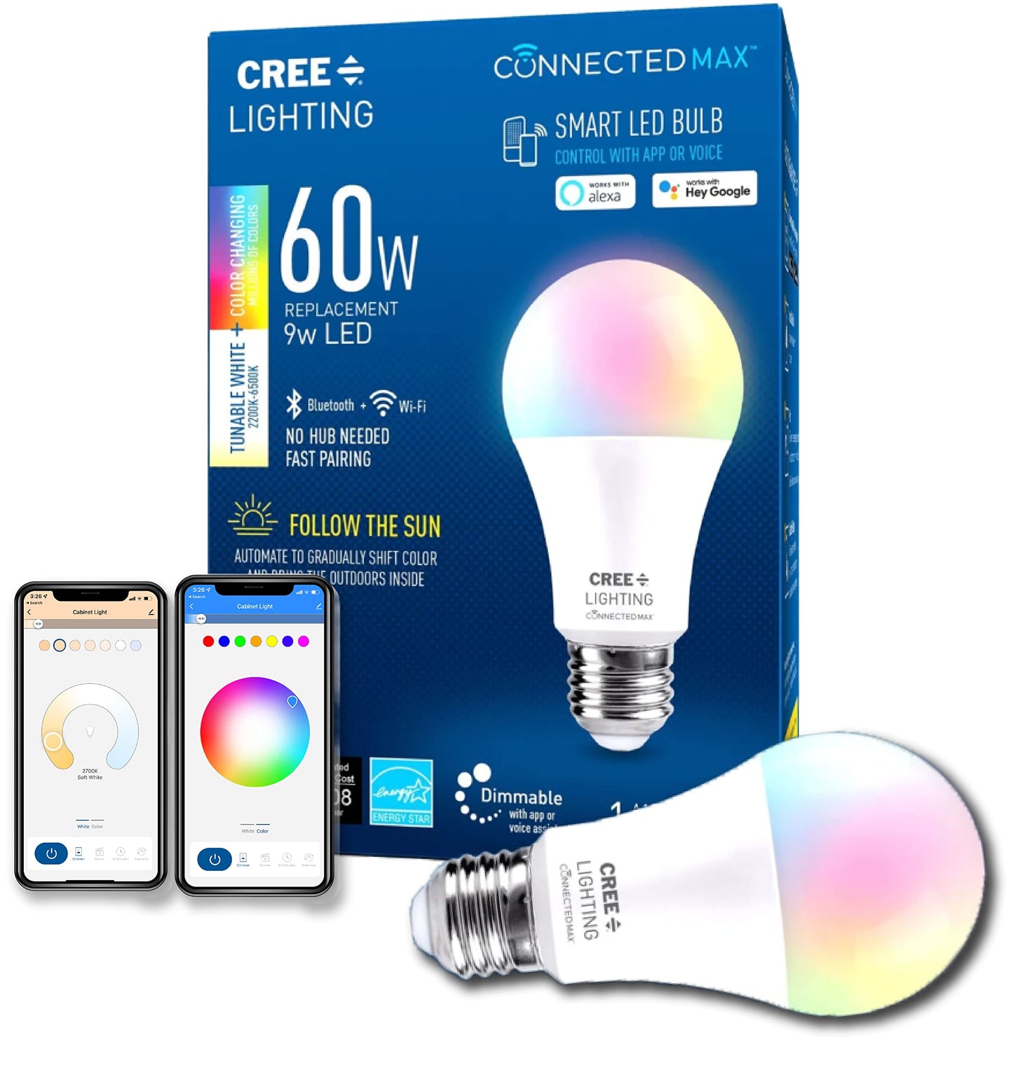 Cree Lighting Connected Max Smart Led Bulb A19 60W Tunable White + Color Changing, 2.4 Ghz, Works with Alexa and Google Home, No Hub Required