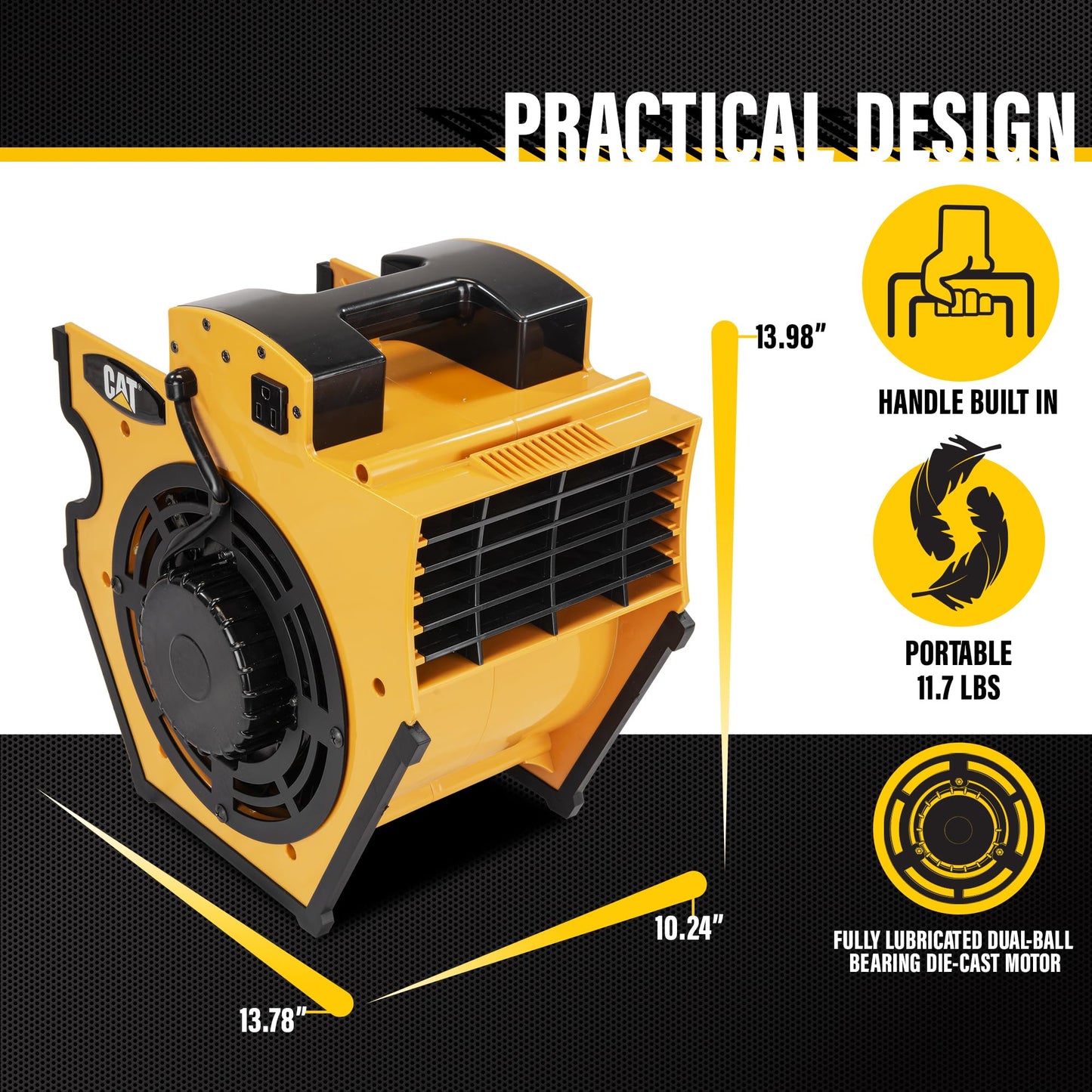 CAT fans - High Velocity 1200 CFM, Multi Pivoting Cooling, Ventilating, Drying Fan W/ 2 Grounded AC Outlets, Adjustable 4 Speed Enclosed Dual Ball