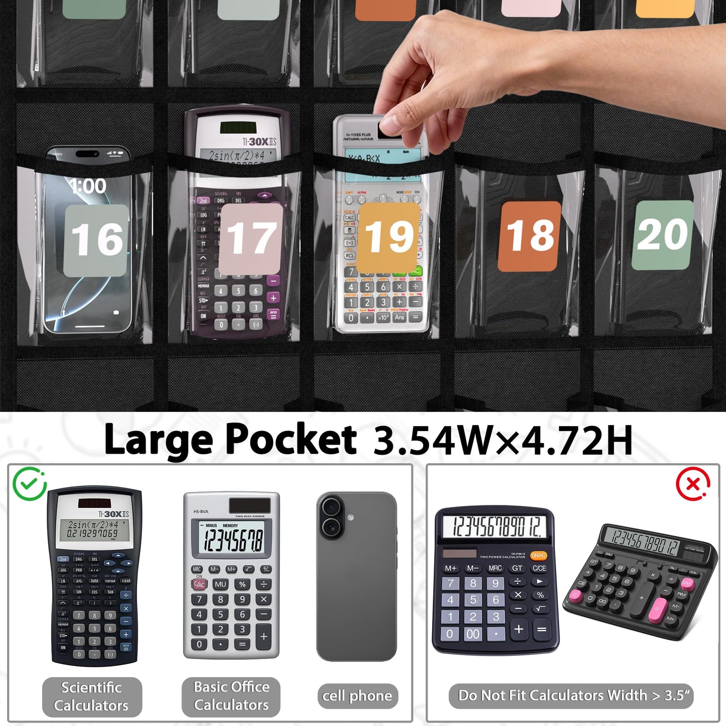 30-Pocket Calculator Holder for Classroom, Hanging Calculator Pocket Chart with Clear PVC Pockets & Numbered Stickers, Calculator Storage Organizer