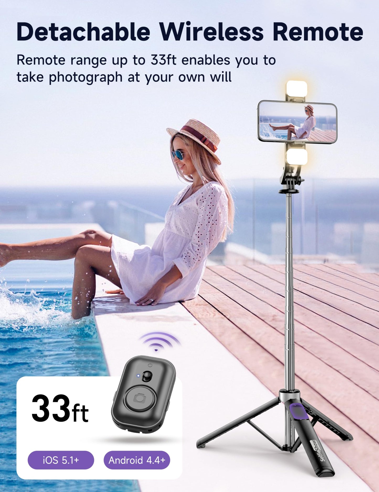 53'' Selfie Stick Tripod with Light, Extendable Selfie Stick with Remote, Portable Cell Phone Tripod Stand with All in 1 Phone Clip, Lightweight