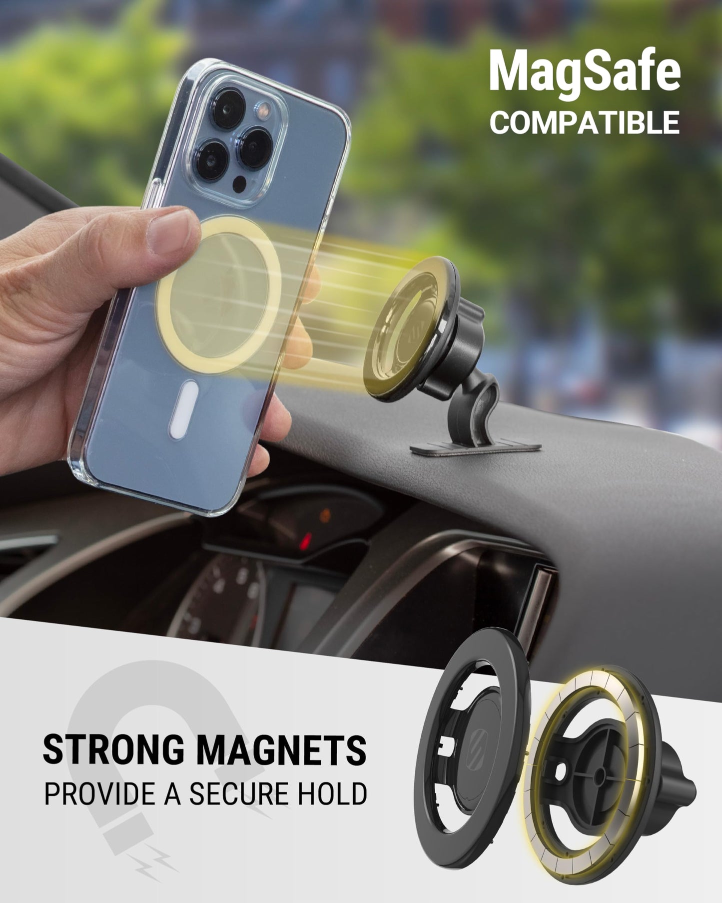 Scosche MagicMount Select MagSafe Car Mount for iPhone, Strong Magnetic Phone Holder for Car Magnet Phone Mount with 360° Rotation for Dashboard/Vent