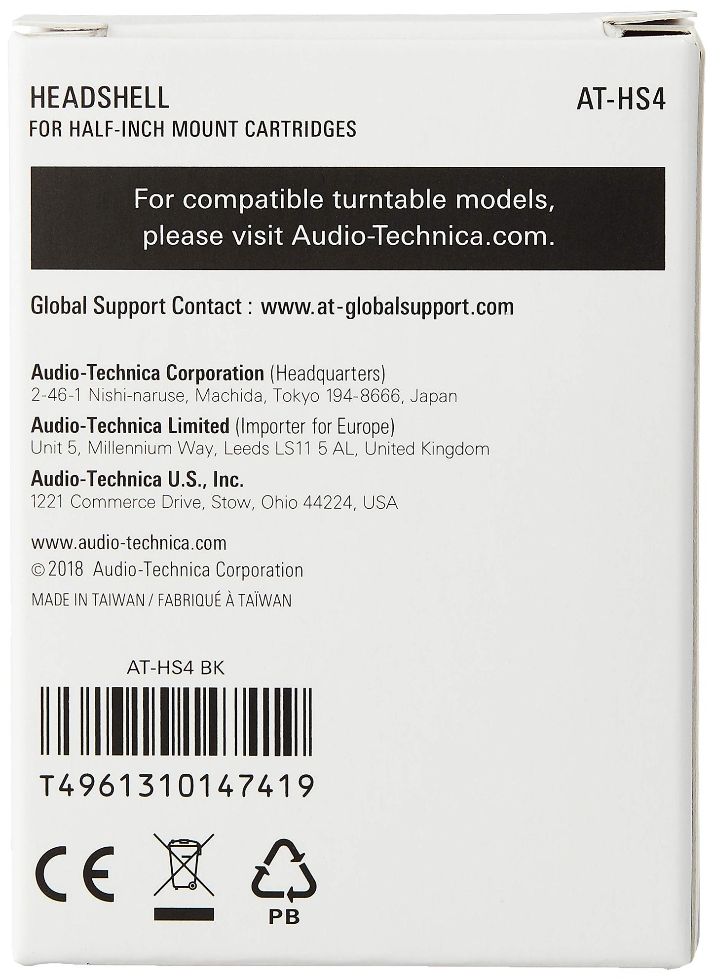 Audio-Technica at-HS4 Universal Turntable Headshell, Black