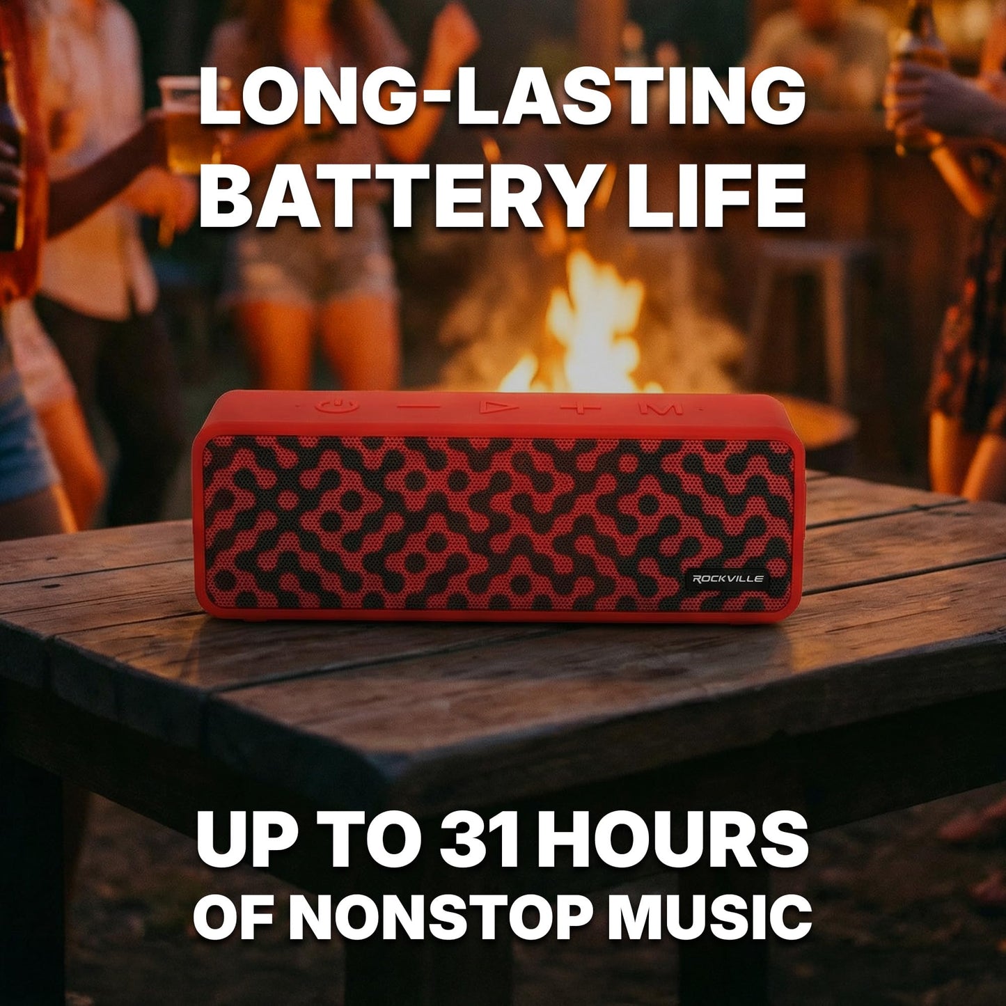 Rockville Faze Red 50W Portable Bluetooth Speaker, TWS Wireless Link, IPX7 Waterproof, 31-Hour Battery, for Outdoor and Home Audio