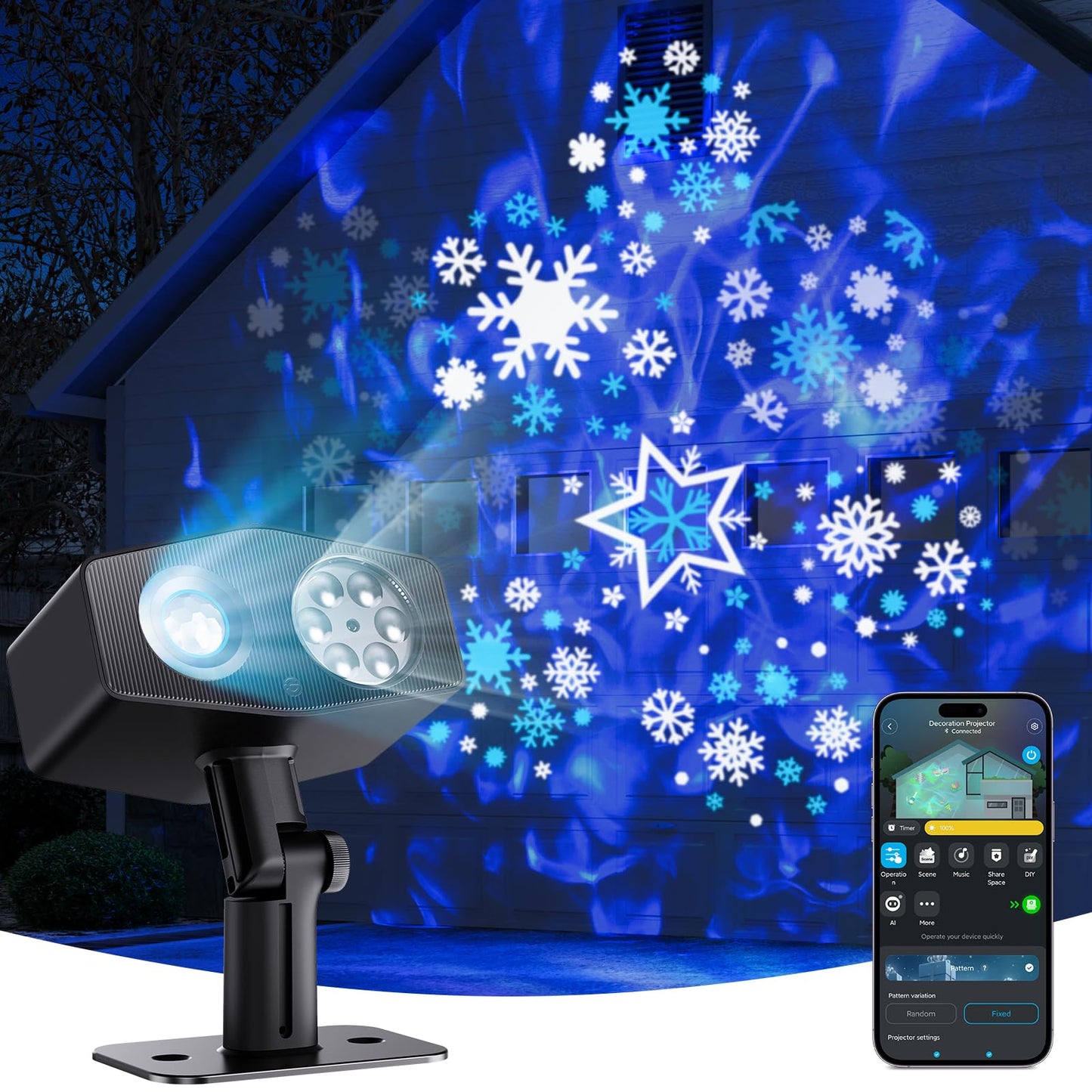 Govee Outdoor Decoration Projector Light, Upgraded LED Snowflake Projector, 180° Rotation, 20 HD Effects & 58 Scene Modes with App Control, IP67