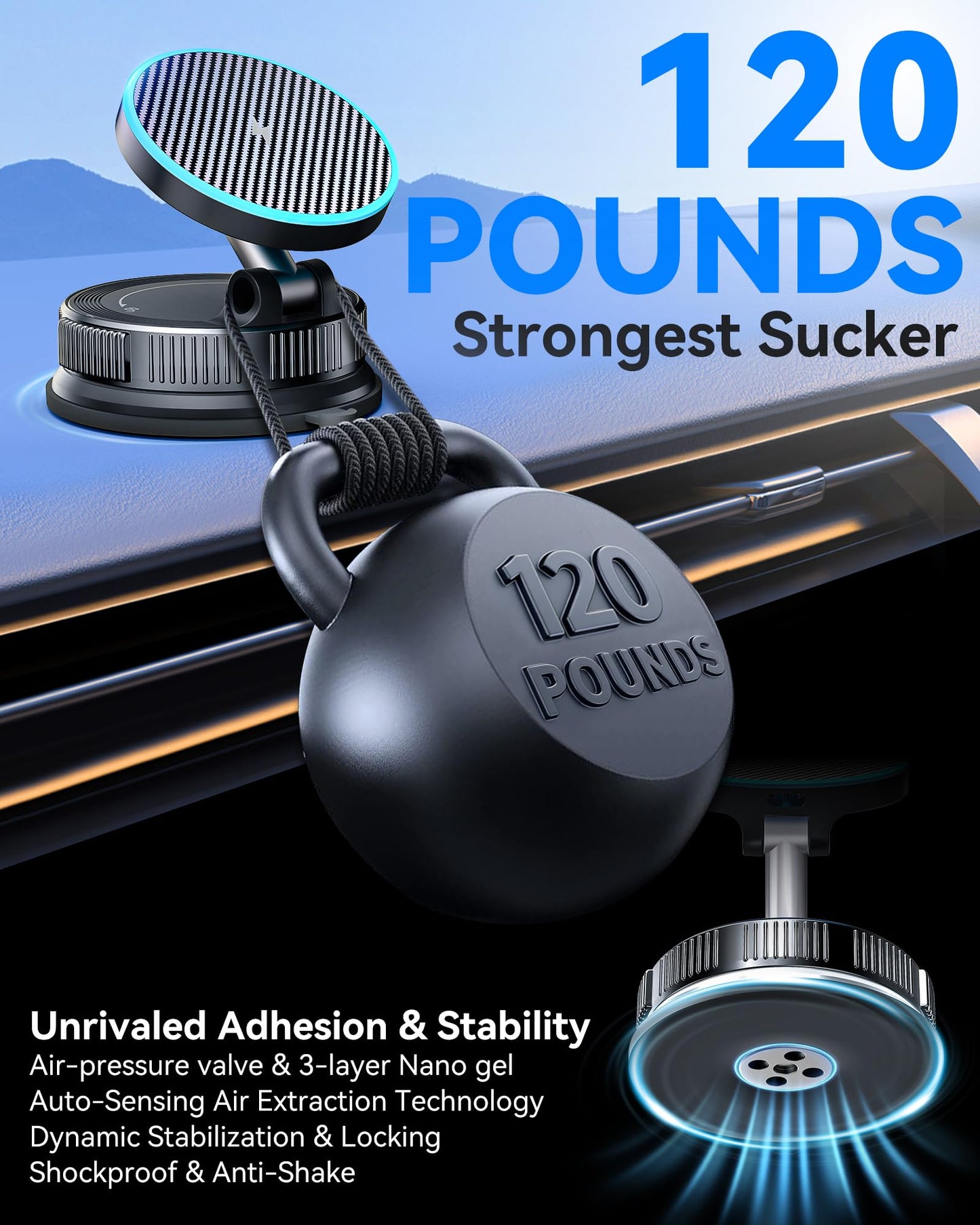 15W MagSafe Car Mount Charger, Magnetic Wireless Car Charger with Vacuum Suction Cup & Nano Adhesive Base, 360° Rotatable Strong Hold Car Phone Mount