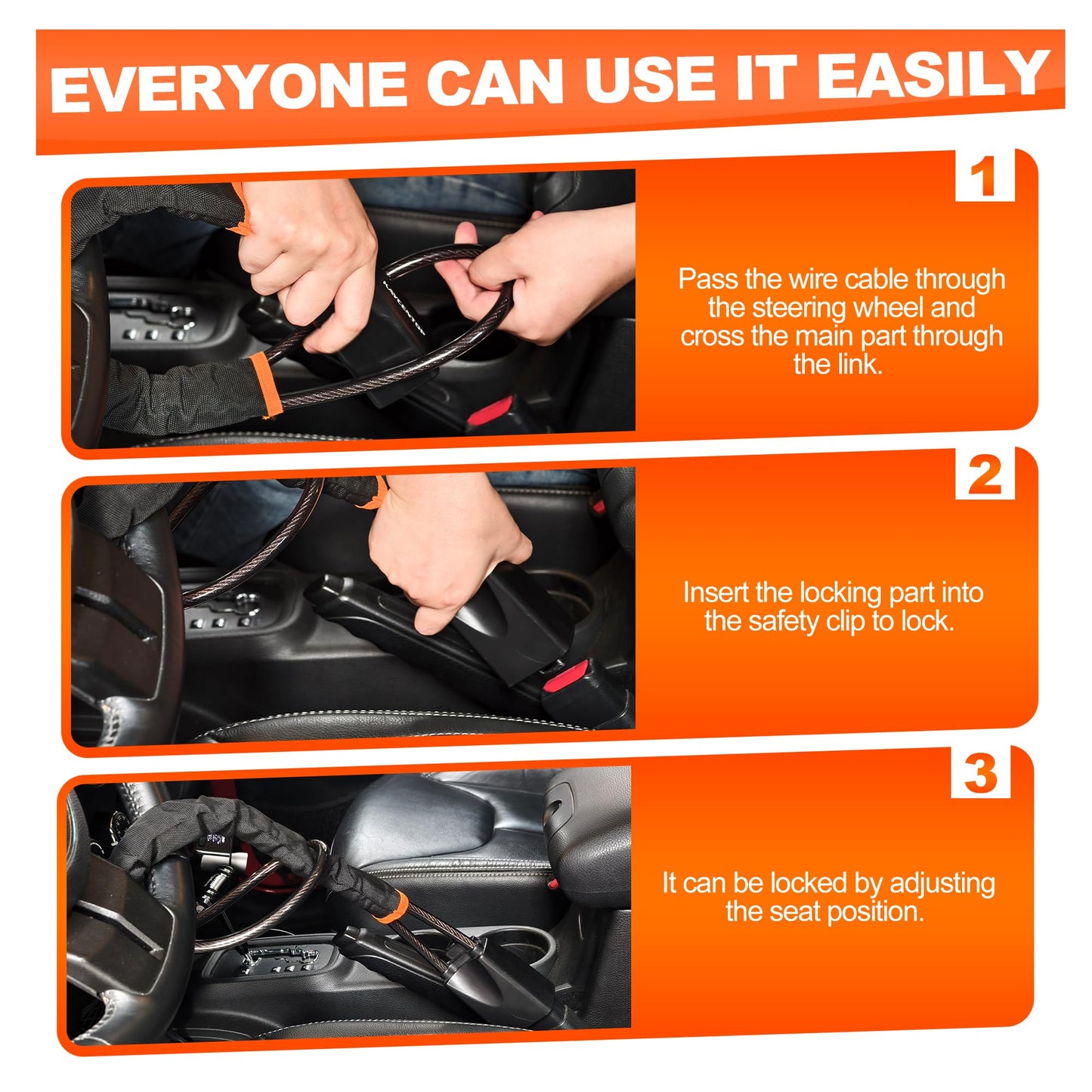 KAYCENTOP Car Steering Wheel Lock, Seat Belt Lock, Anti-Theft Device, Max 17 Inch Length, Small and Light-Weight, Multi-Functional, Fit Most Vehicle