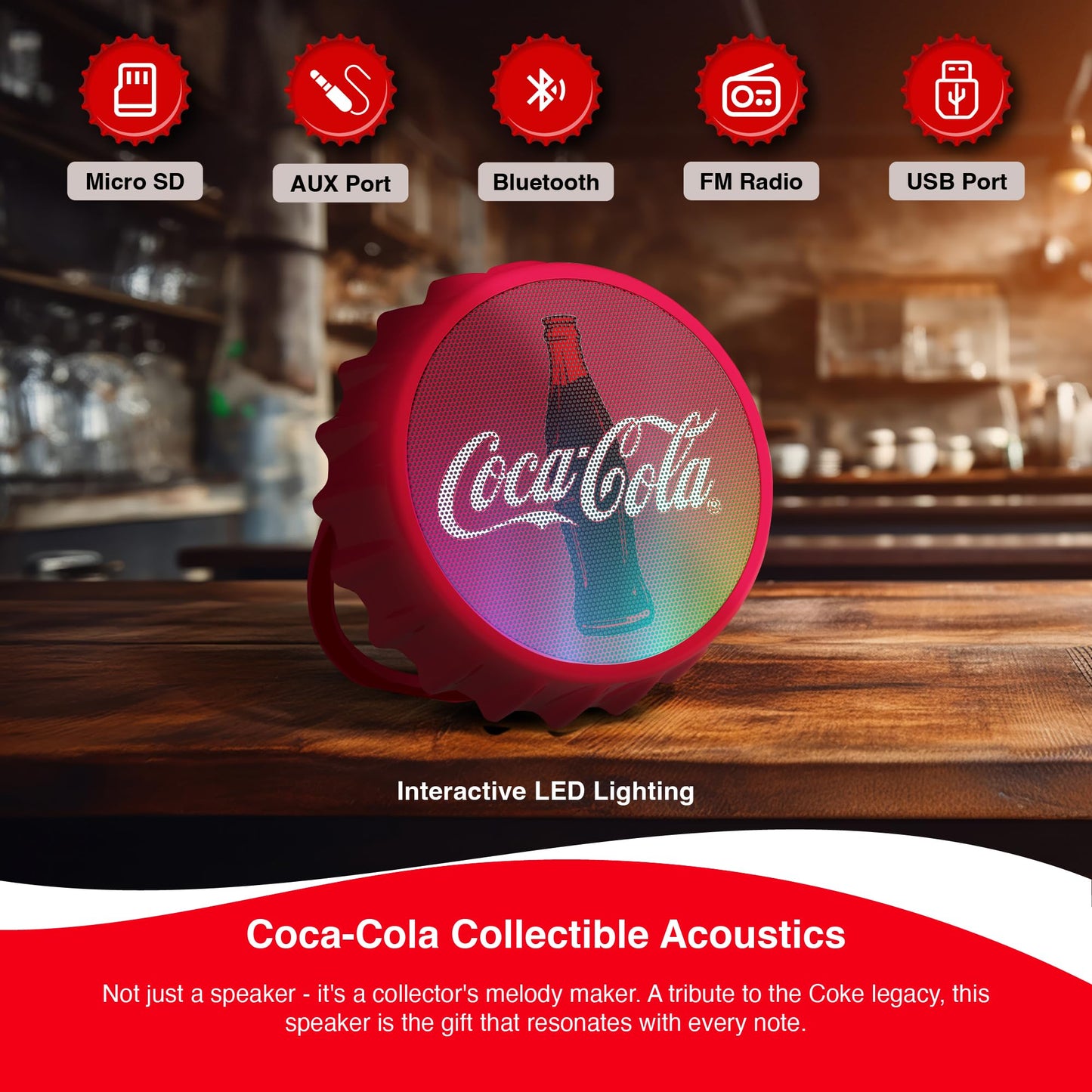 Coca-Cola Bottle Cap Shaped Bluetooth Speaker with Kickstand, Color Changing Light, FM Radio, 6H Playtime, Micro SD Card, Aux Port
