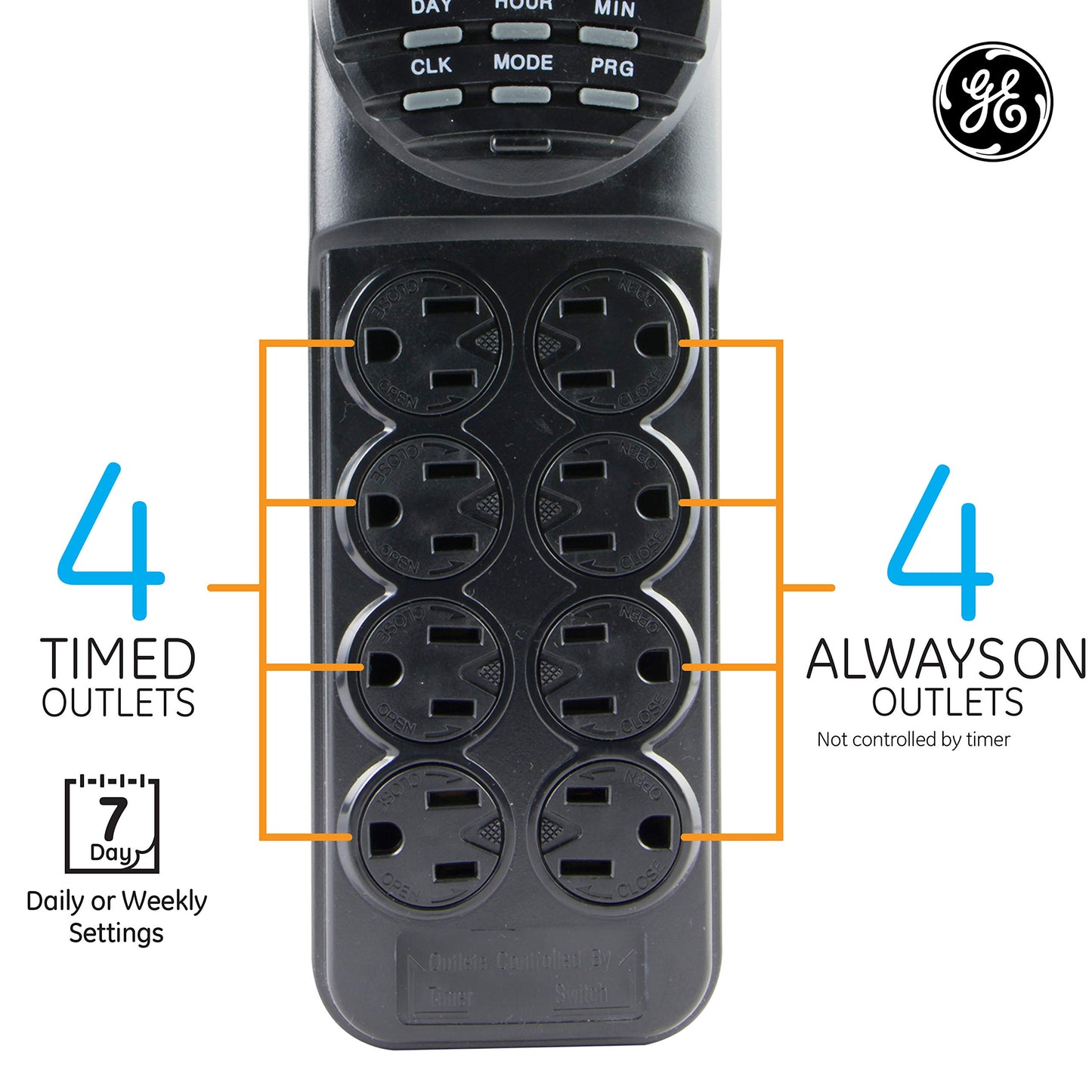 GE 7-Day Digital Power Strip with Timer, 15 AMP, 1800W, 120V, 8 Outlet Timer, 4 Timed / 4 Always On Extension Chord with Timer, Custom Indoor Light