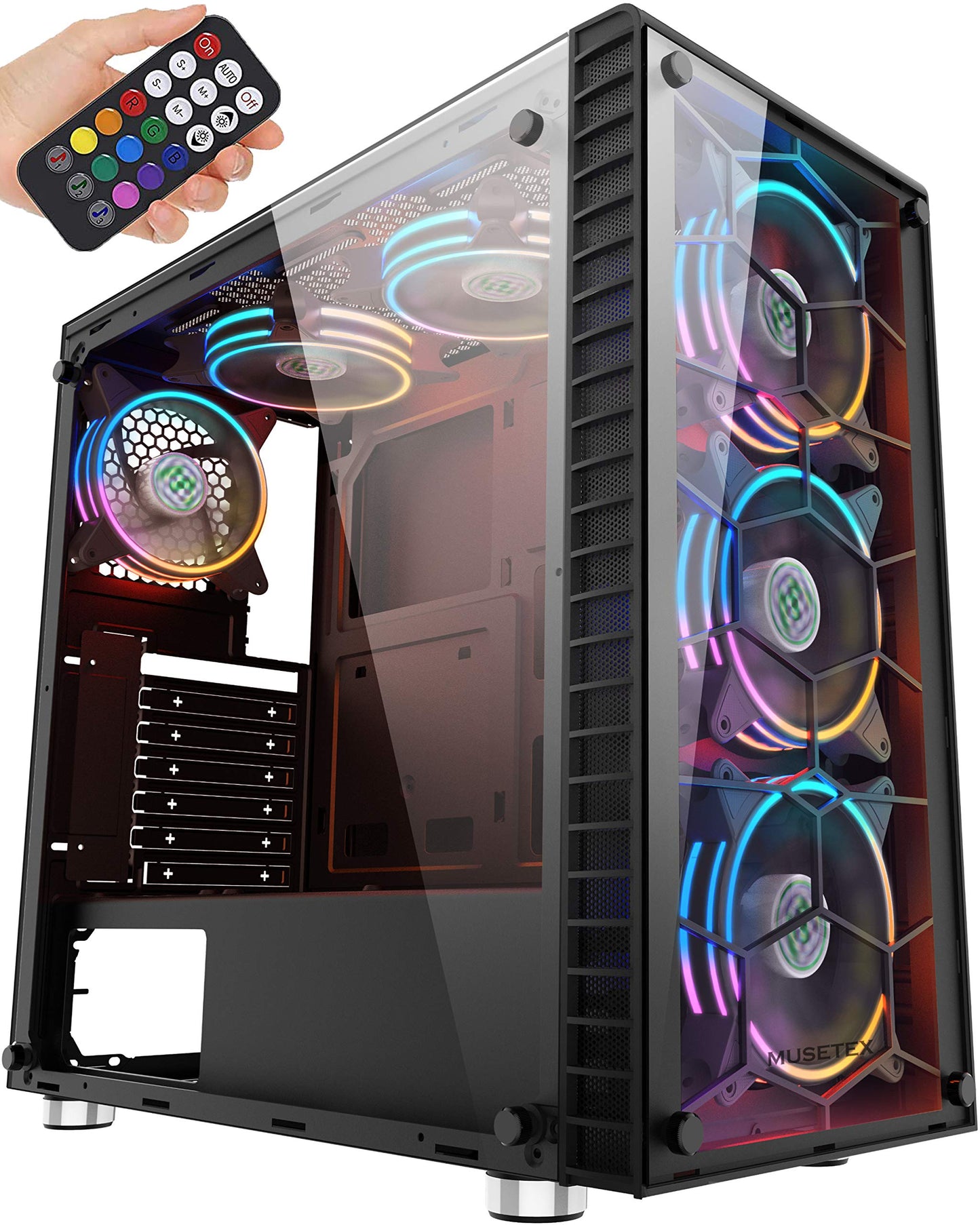 MUSETEX 6 ARGB Fans USB3.0 ATX Mid-Tower Case Phantom Black Honeycomb Airflow Music Remote Control 2 Tempered Glass Panels, Gaming PC Case Computer