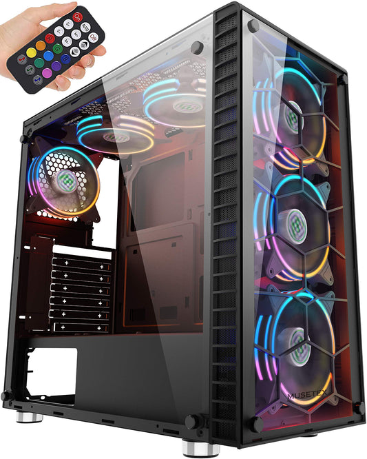 MUSETEX 6 ARGB Fans USB3.0 ATX Mid-Tower Case Phantom Black Honeycomb Airflow Music Remote Control 2 Tempered Glass Panels, Gaming PC Case Computer