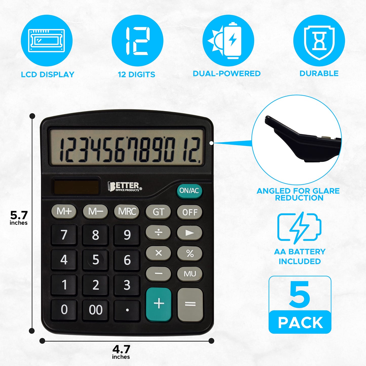 Better Office Products Large Desktop Calculators, 5 Pack, 12-Digit LCD Display, Angled Display Panel, Standard Function, Black, Dual Power