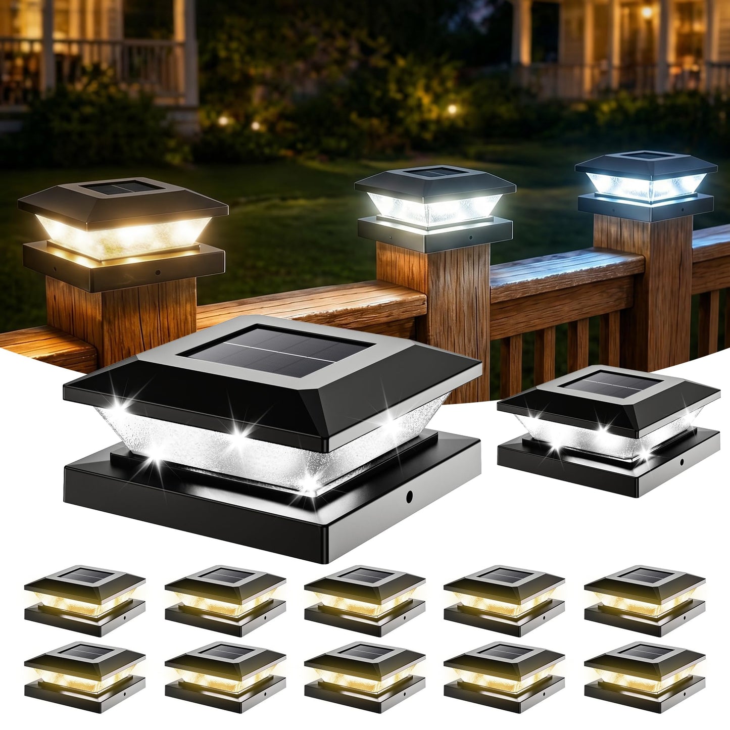 4x4-Solar-Post-Cap-Lights-Outdoor 12 Pack Solar Powered Fence Post Lights 3 Lighting Modes Deck Postcap Light for 3.5x3.5 4x4 Wood/Vinyl Posts LED