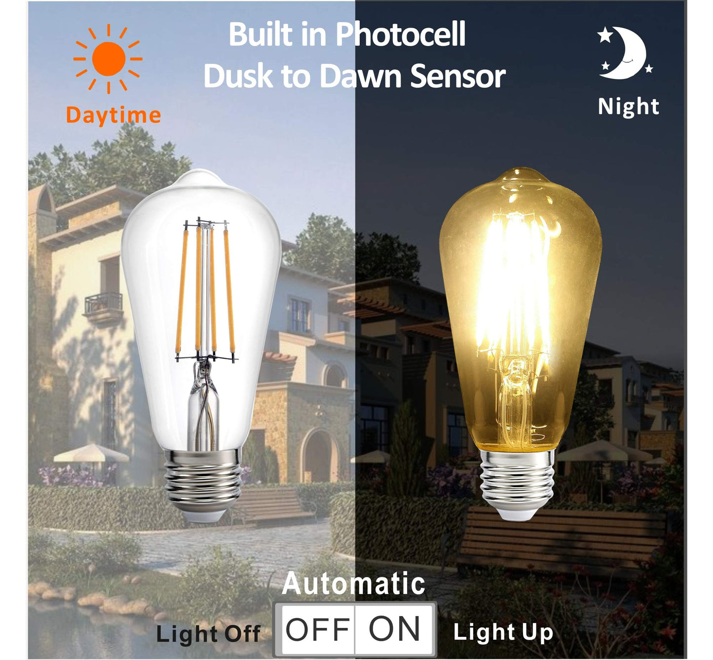 Dusk to Dawn LED Lights Bulb,Photocell Sensor Bulb, Auto Turn On/Off, ST58 ST19 60W Edison Replacement, E26 8W 800lm,Warm White 2700K for outdoor wall
