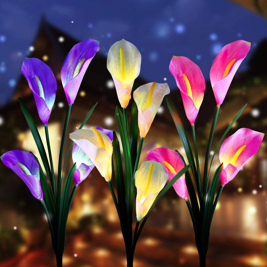 Aloudy Solar Garden Stake Lights: 3 Pack Outdoor Waterproof Calla Lily Flowers, 7 Color Changing LEDs for Garden, Patio, Backyard (Purple & White)